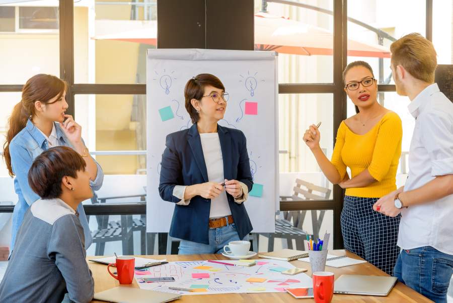 Diverses Business Team in einem Workshop in einem Meetingraum mit Unterlagen, Klebezetteln und Flipchart