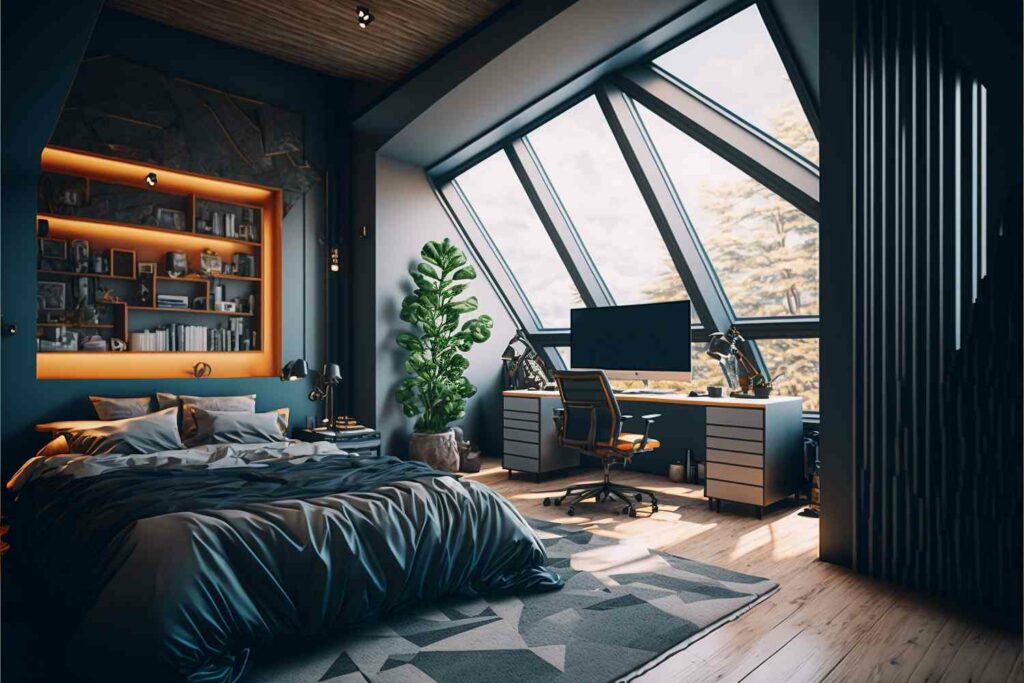 Moderner Raum mit Homeoffice im Schlafzimmer