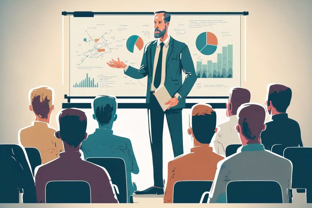 Mann hält Powerpoint-Präsentation vor Publikum grafische Zeichnung