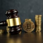 Richterhammer und Bitcoin Münze als Symbol für Urteil zu Kryptowährung