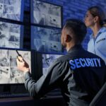 Zwei Sicherheitsdienstmitarbeiter schauen auf Bildschirme einer Videoüberwachung