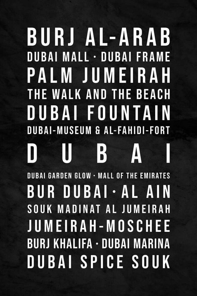 Typografisches Leinwandbild mit verschiedenen Sehenswürdigkeiten Dubais 