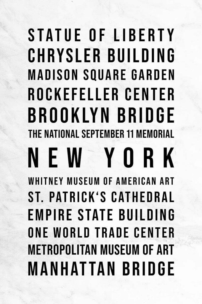 Typografisches Leinwandbild mit verschiedenen Sehenswürdigkeiten New Yorks