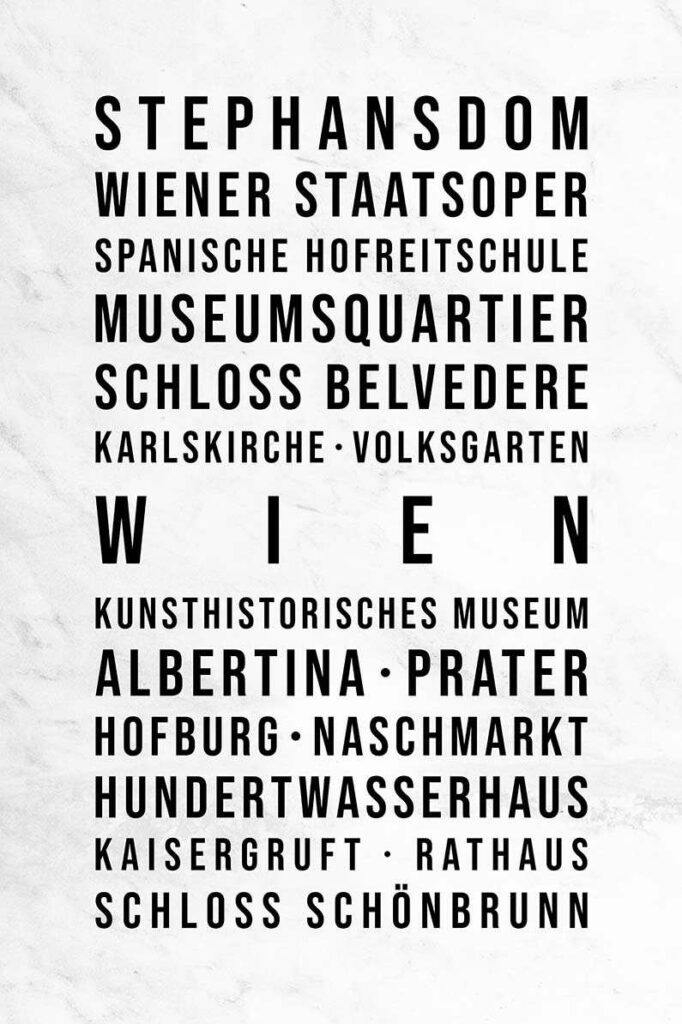 Typografisches Leinwandbild mit verschiedenen Sehenswürdigkeiten Wiens