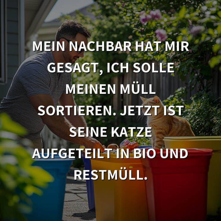 Schwarzer Humor: Mein Nachbar hat mir gesagt, ich solle meinen Müll sortieren. Jetzt ist seine Katze aufgeteilt in Bio und Restmüll.