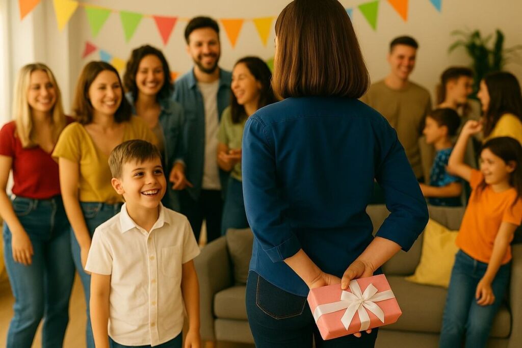 Ein Frau mit einem Kind: ein Geschenk in petto haben