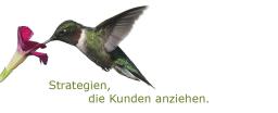 Kolibri an Blüte, Schriftzug: Strategien, die Kunden anziehen.